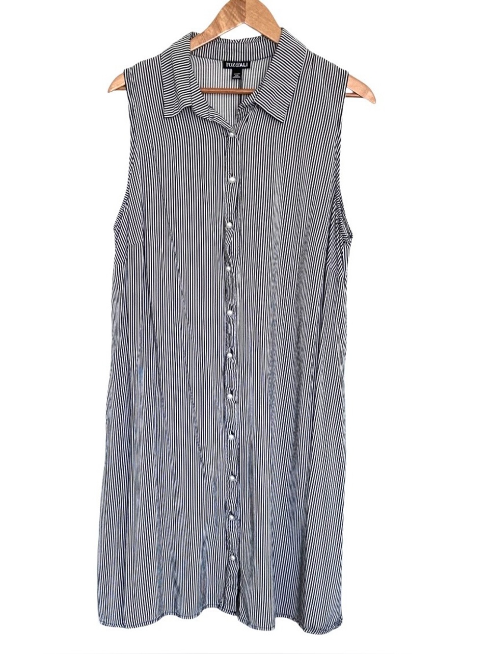 Roz & Ali Plus Dress Women’s 2X Black White Striped Button Up Sleeveless Collar